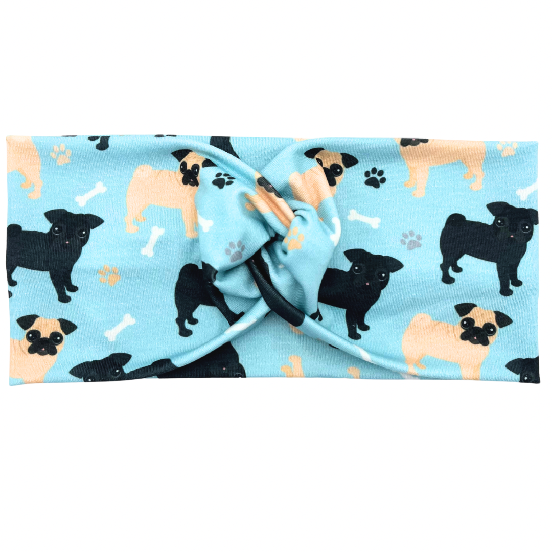 Pug Dogs - Light Blue Headband