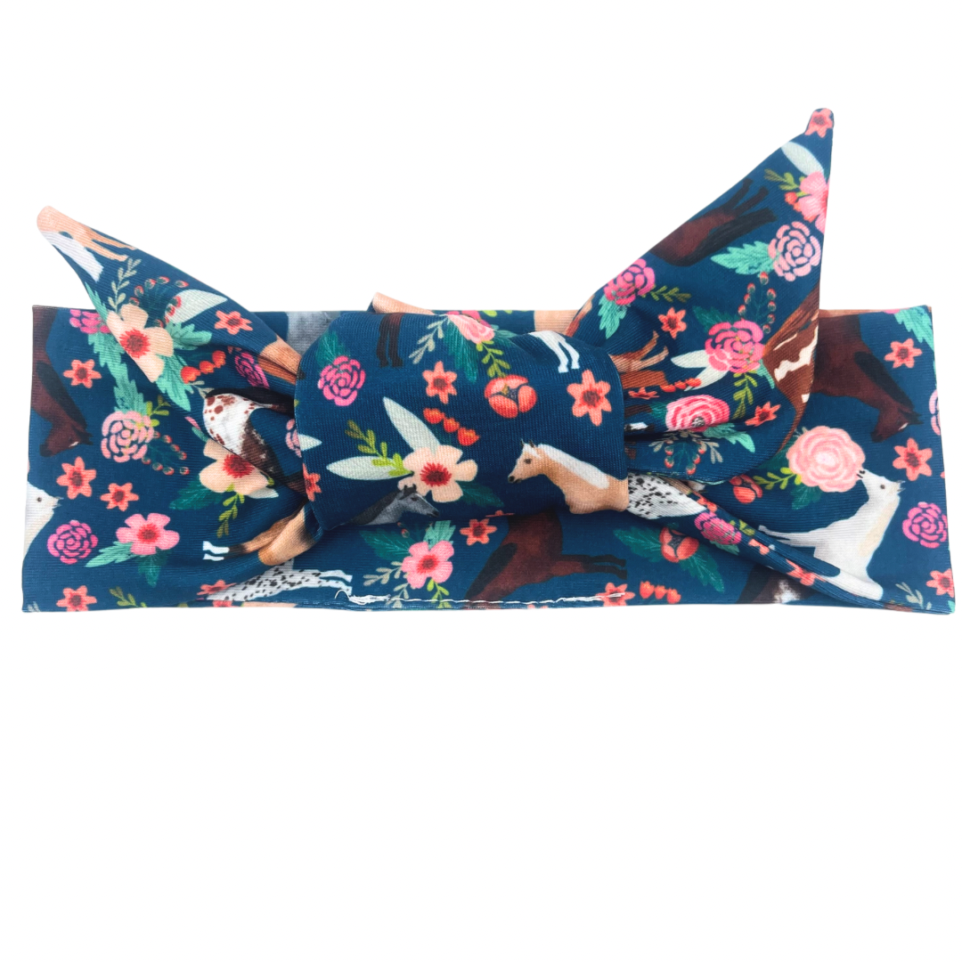 Floral Horses - Blue Adjustable Tie Headband