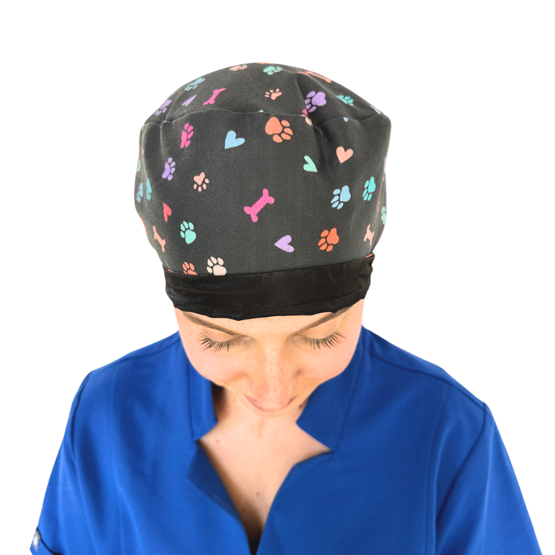 Colorful Pet Paws, Bones, &amp; Hearts Black - Satin Lined Pony-Tail Scrub Cap