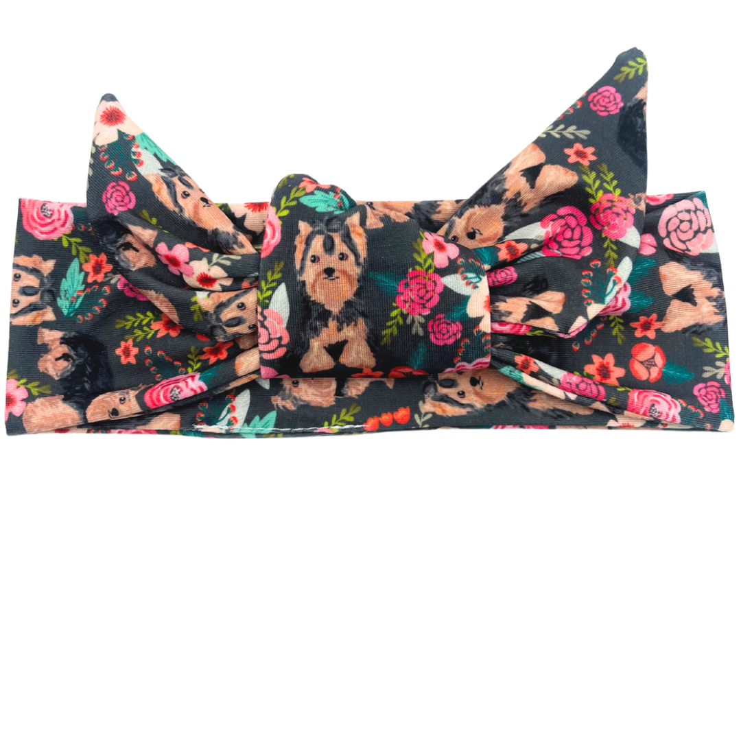 Yorkie Dogs - Floral Adjustable Tie Headband