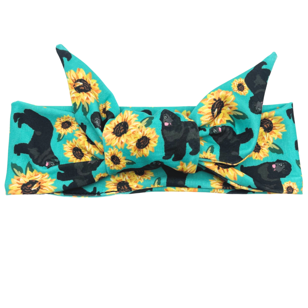 Newfoundland Dog & Sunflowers - Teal Adjustable Tie Headband