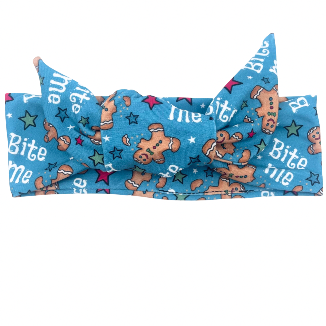 Bite Me Gingerbread - Blue Adjustable Tie Headband