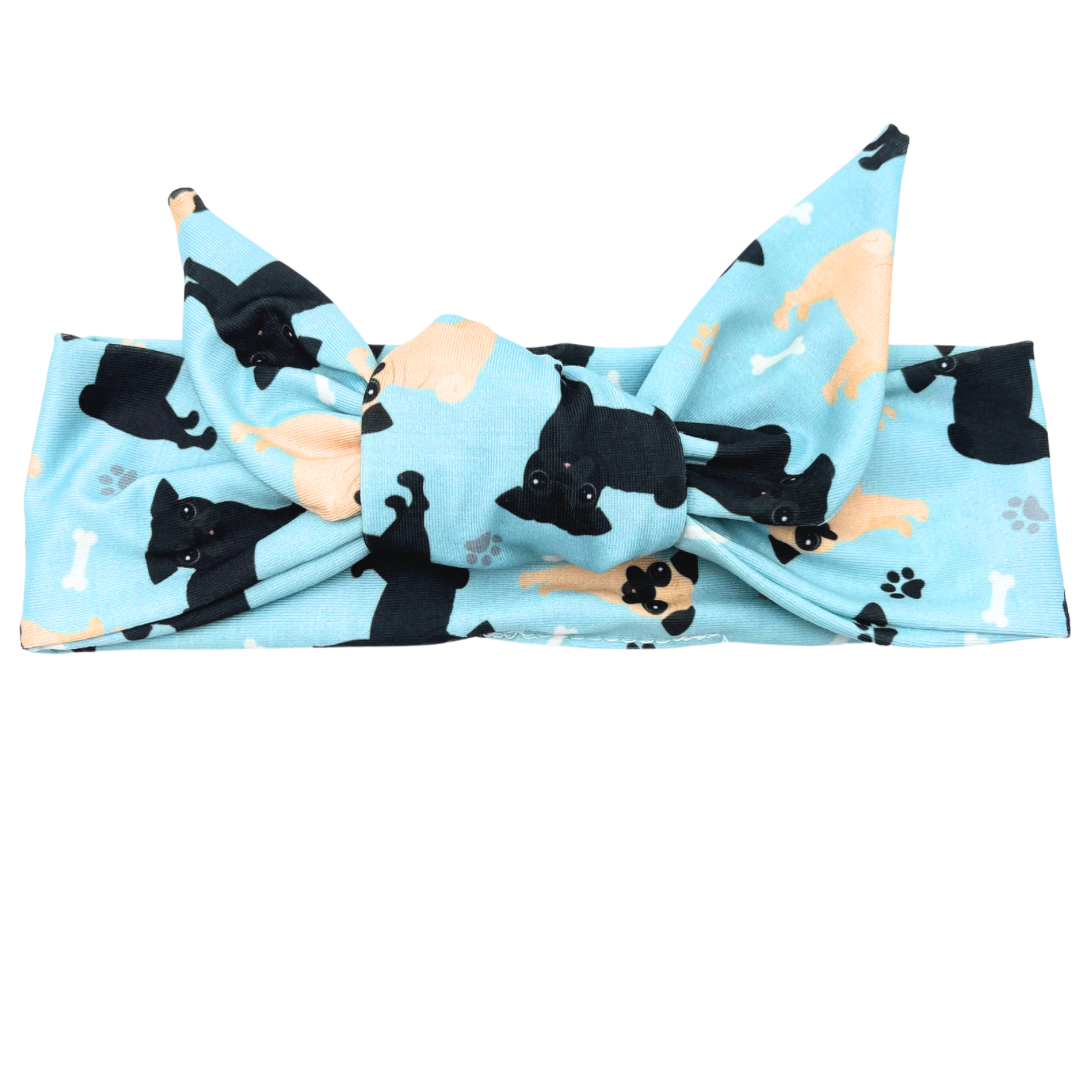Pug Dogs - Light Blue Adjustable Tie Headband