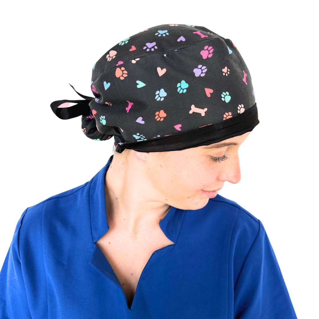 Colorful Pet Paws, Bones, &amp; Hearts Black - Satin Lined Pony-Tail Scrub Cap