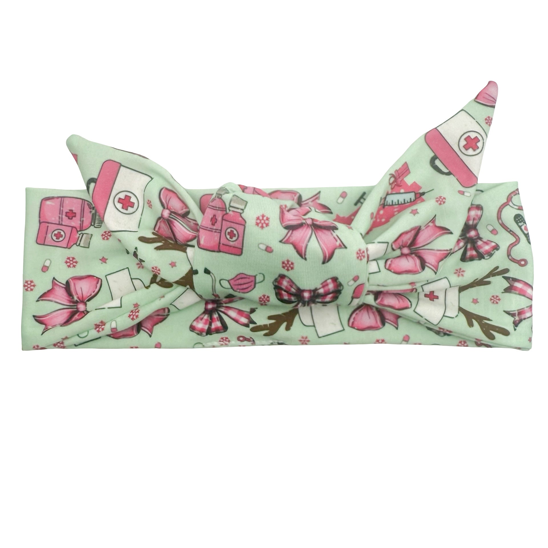 *Limited Edition * Pink Bows Christmas Healthcare - Mint Adjustable Tie Headband