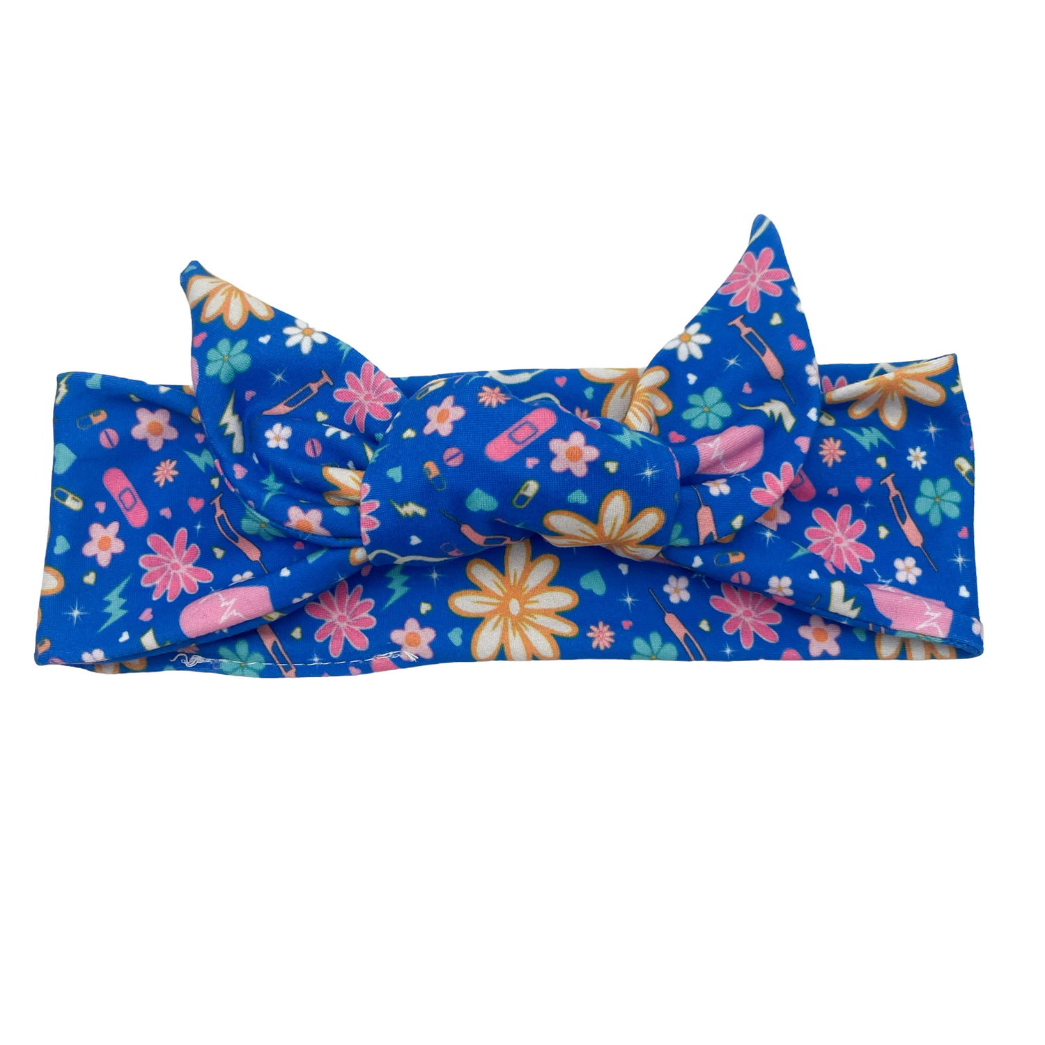 Retro Floral Nursing - Royal Blue Adjustable Tie Headband