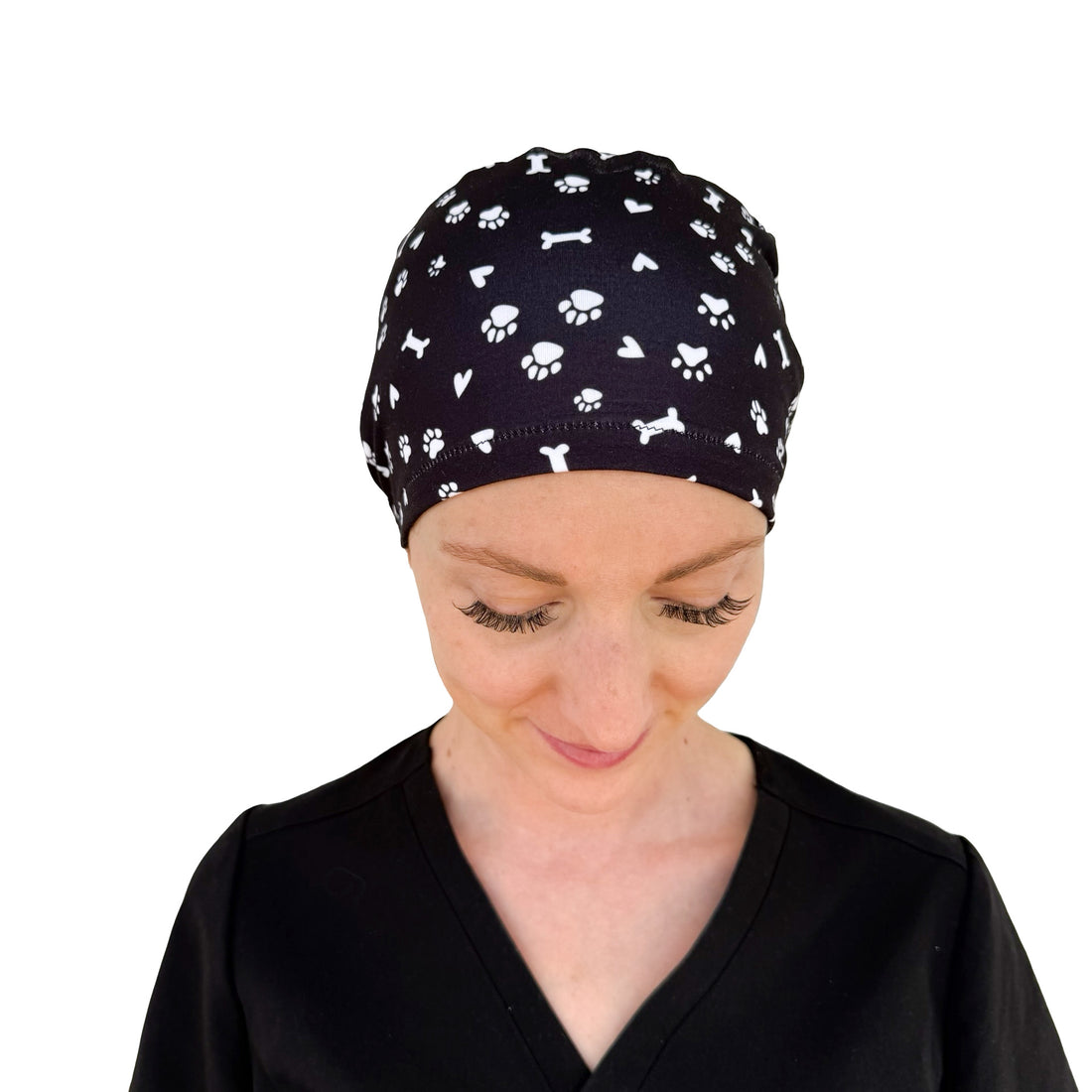 Pet Paws, Bones, & Hearts Black- Soft Ponytail Scrub Cap