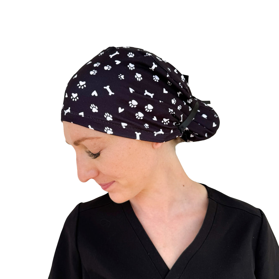 Pet Paws, Bones, & Hearts Black- Soft Ponytail Scrub Cap