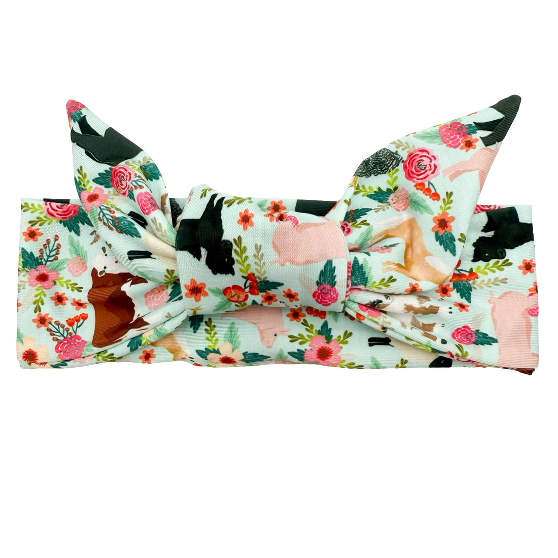 Floral Farm Animals - Teal Adjustable Tie Headband