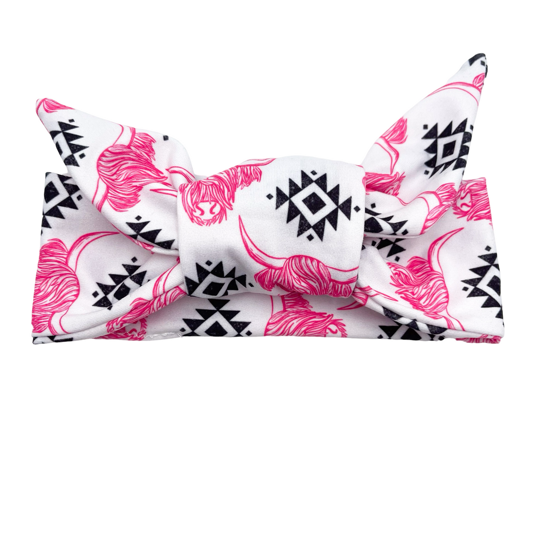 Pink Highland Cow Aztec Adjustable Tie Headband