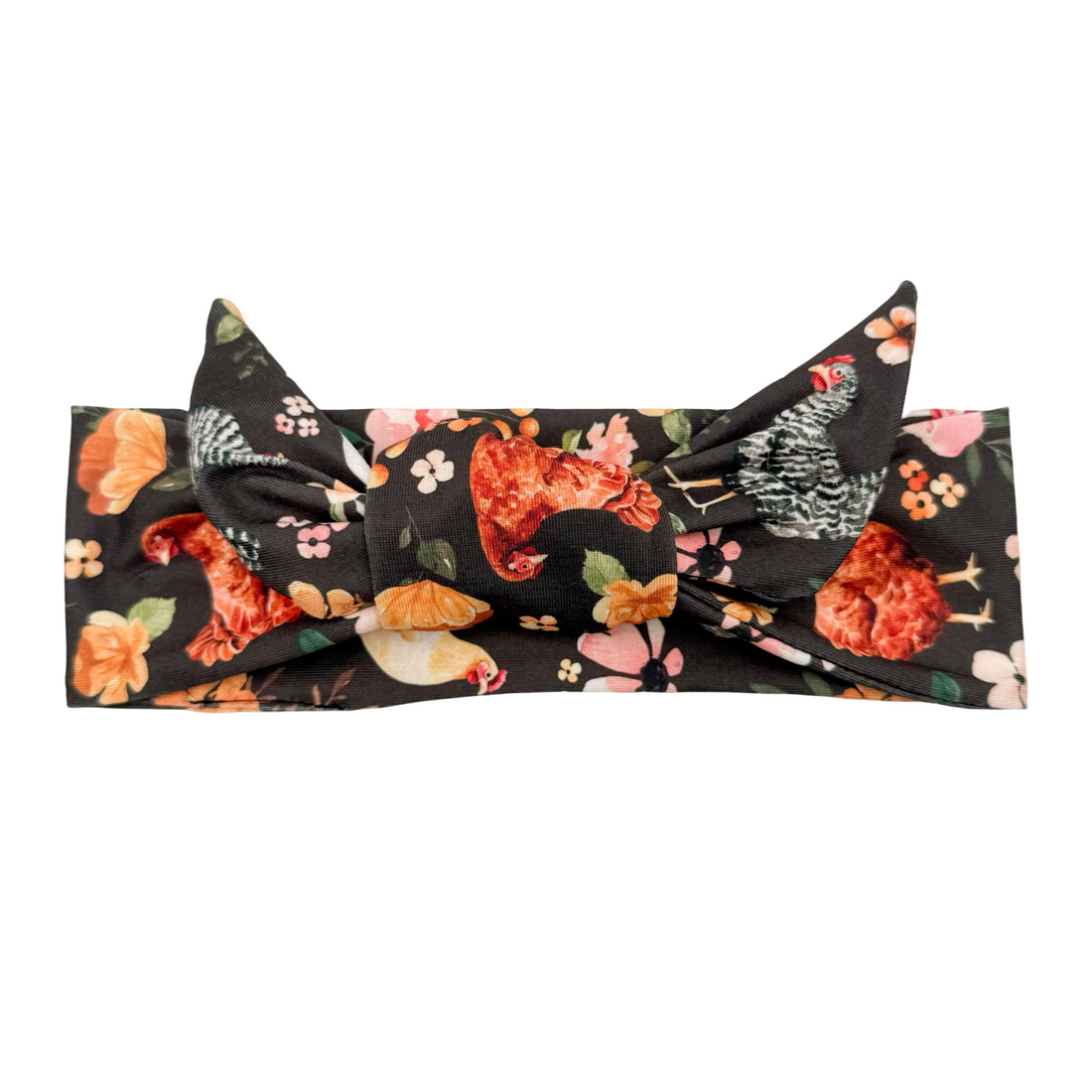 Floral Chickens - Brown Adjustable Tie Headband